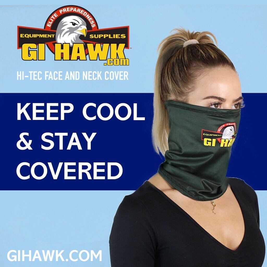 GI HAWK High Tech face and neck cover with chemical-free cooling technology. Reusable and machine washable, even after many washings.